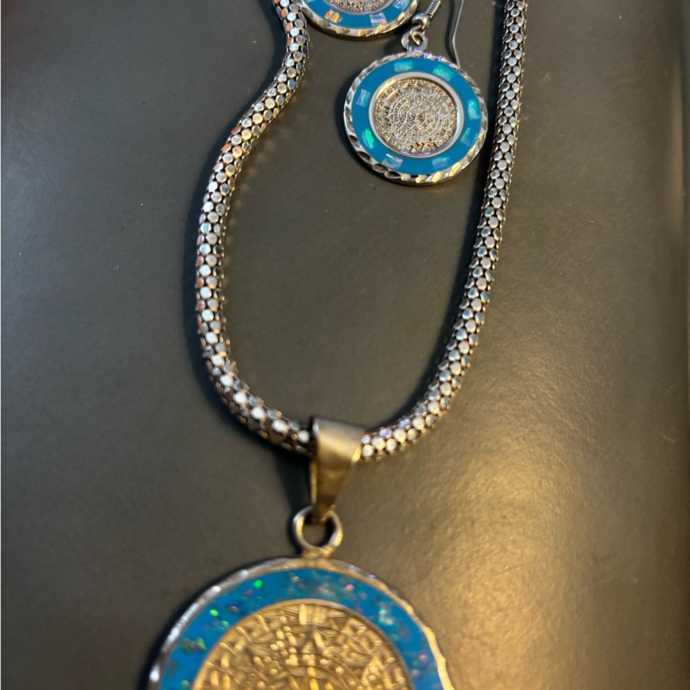 Vintage alpaca sterling silver Mexico Aztec  calendar  Necklace and Earring Set